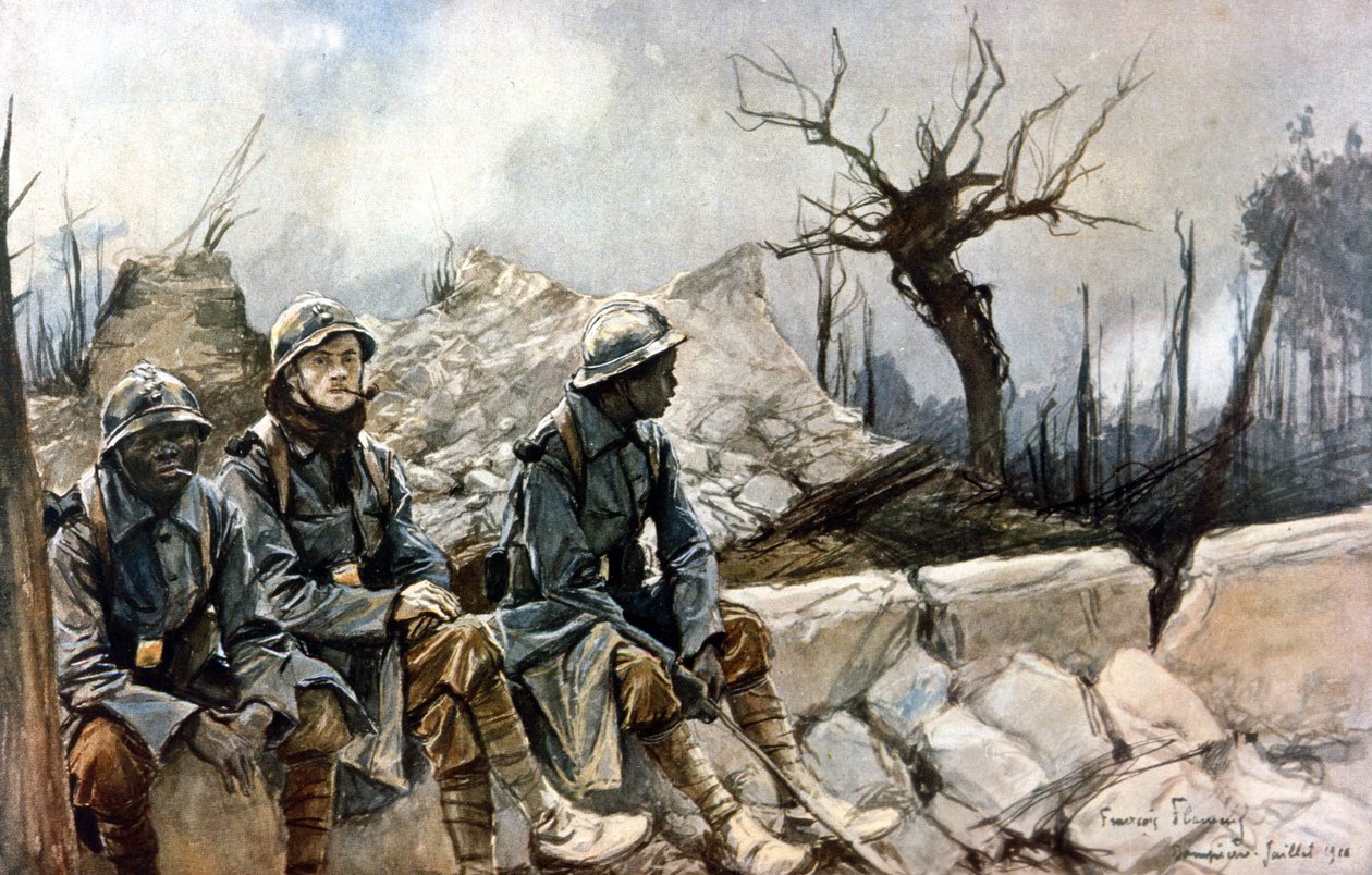 3 soldados franceses sentados em frente às ruínas da igreja de Dampierre. Guerra 1914 - 1918. Pintura de François Flameng (1856-1923). Paris, Musee de l