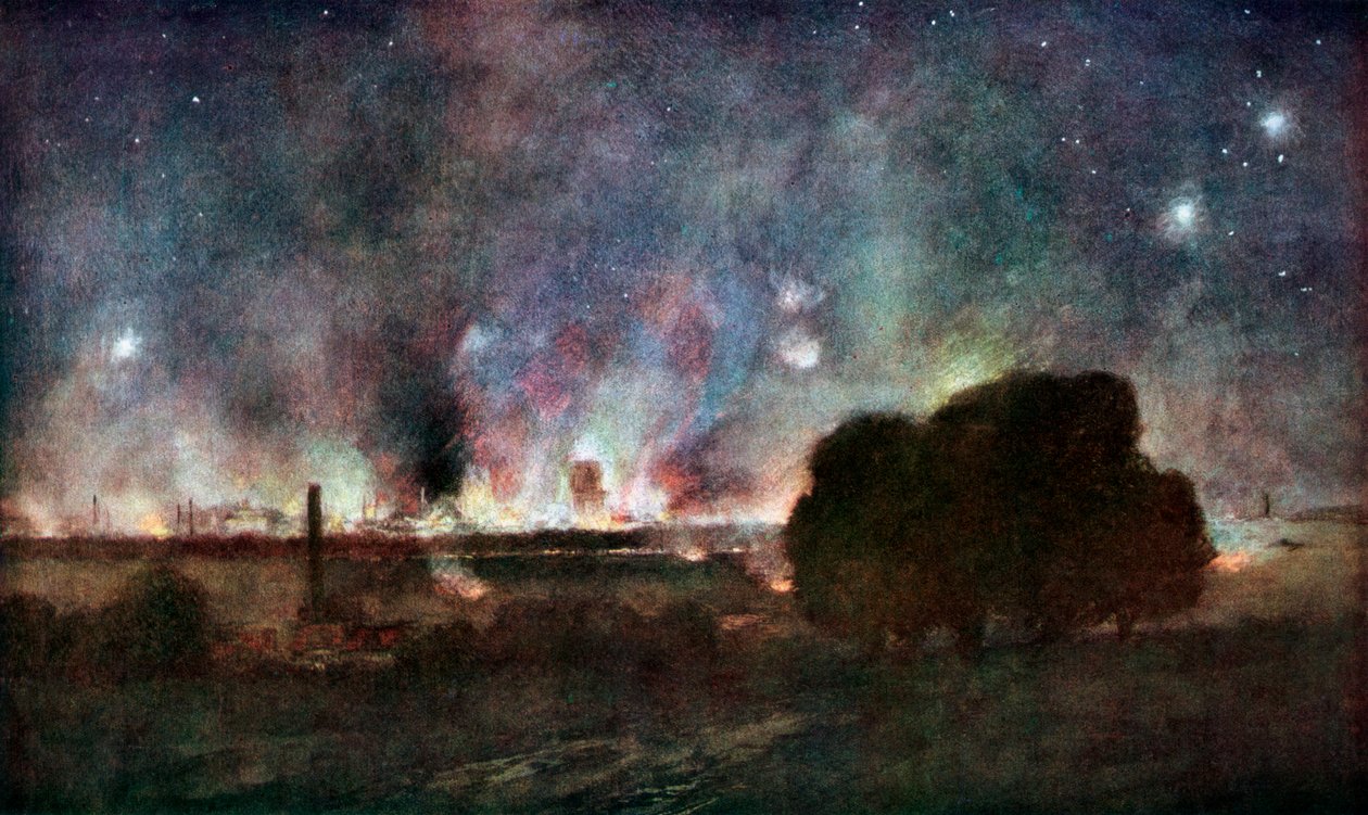 Arras em chamas à noite, França, 5-6 de julho de 1915, 1926. de Francois Flameng
