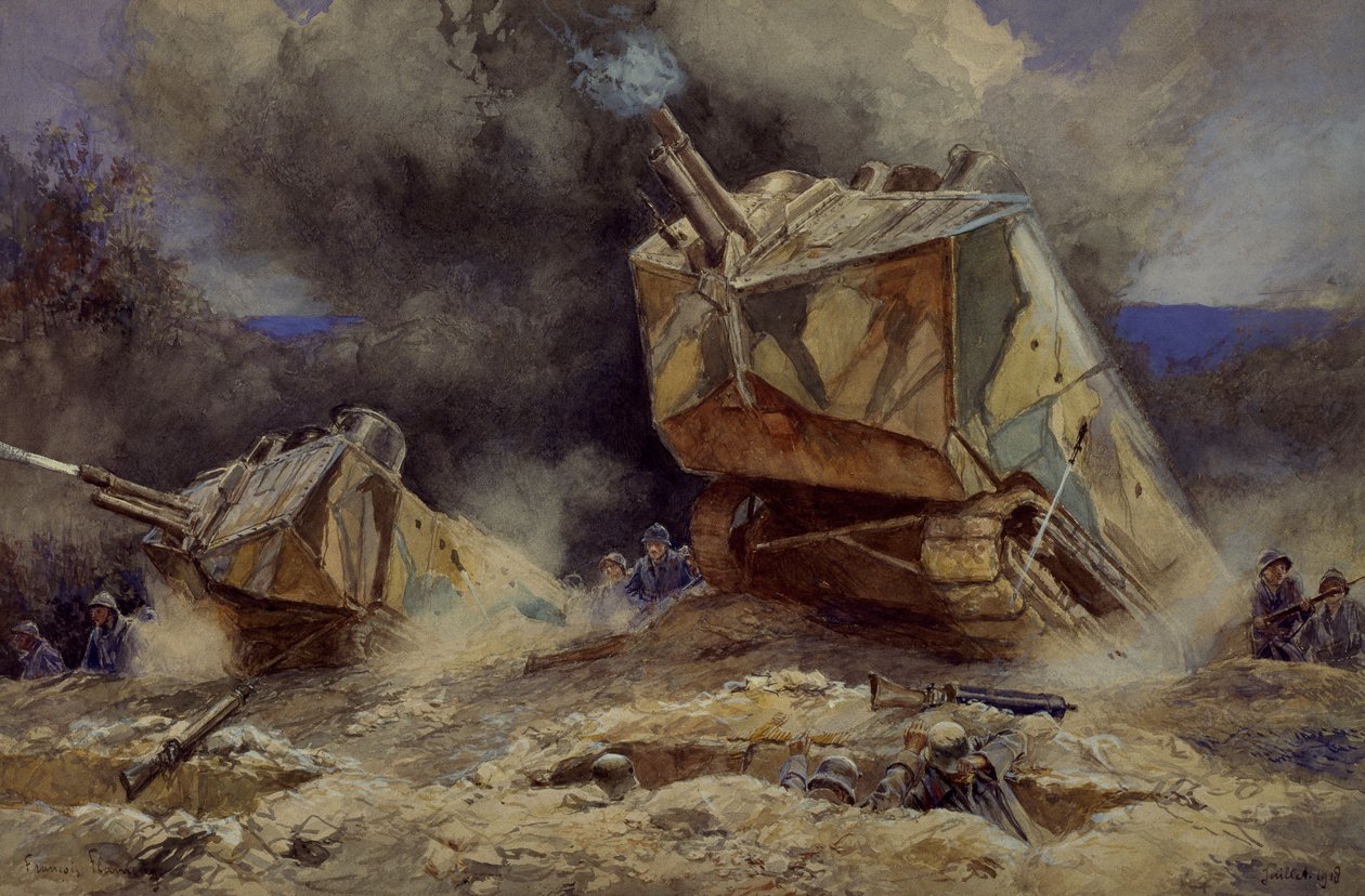Ataque a infantaria e tanques em Saint Chamond, Julho de 1918 (aguarela) de Francois Flameng