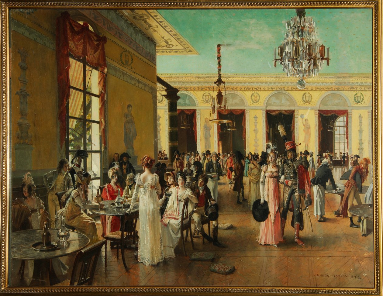 Café Frascati (Paris, França), uma cena na época de Napoleão (final de 18-1815) - Pintura de François Flameng (1856-1923), óleo sobre madeira de Francois Flameng