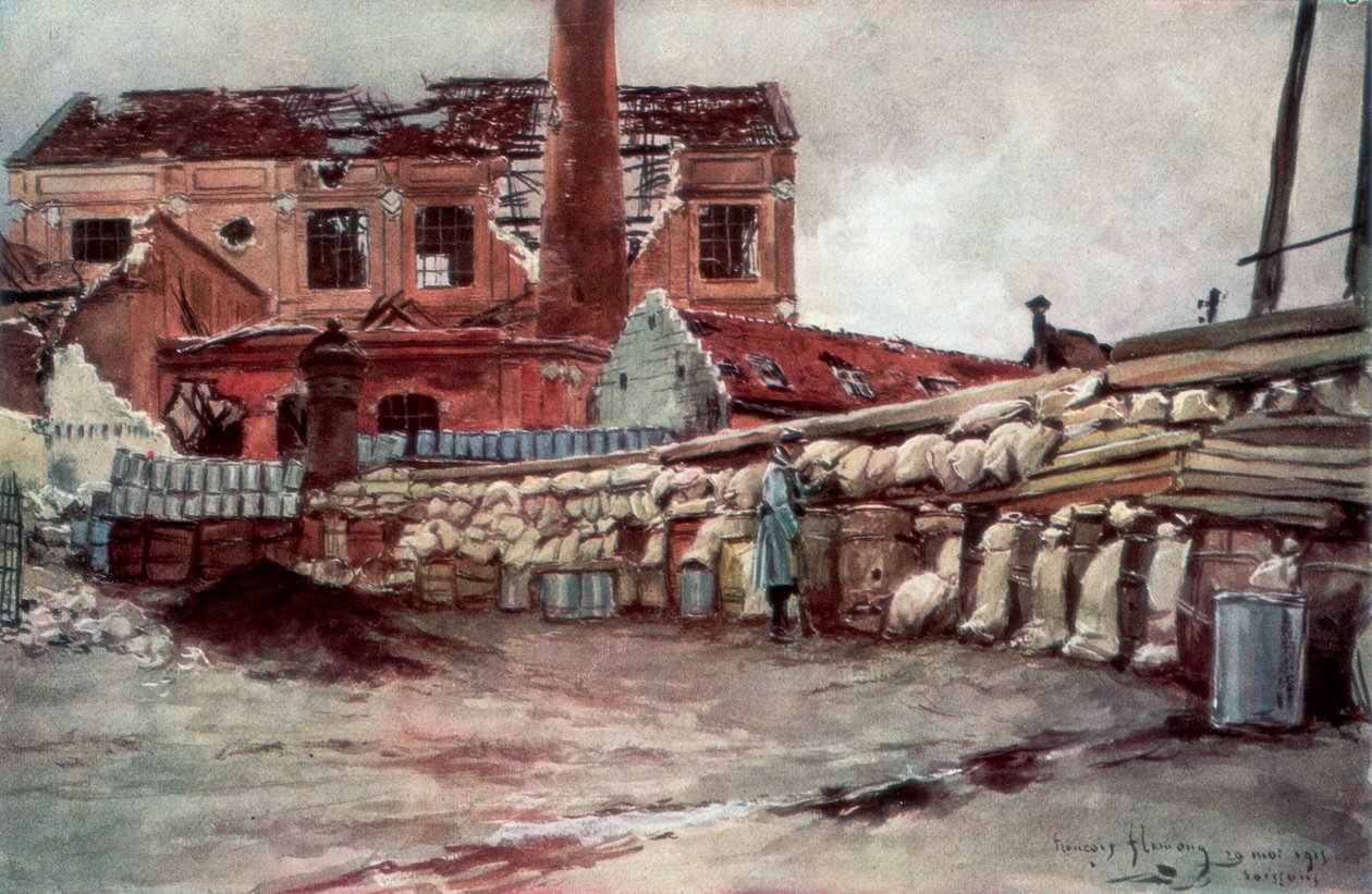 Barricada de Fábrica, Soissons, França, 20 de maio de 1915, 1926. de Francois Flameng