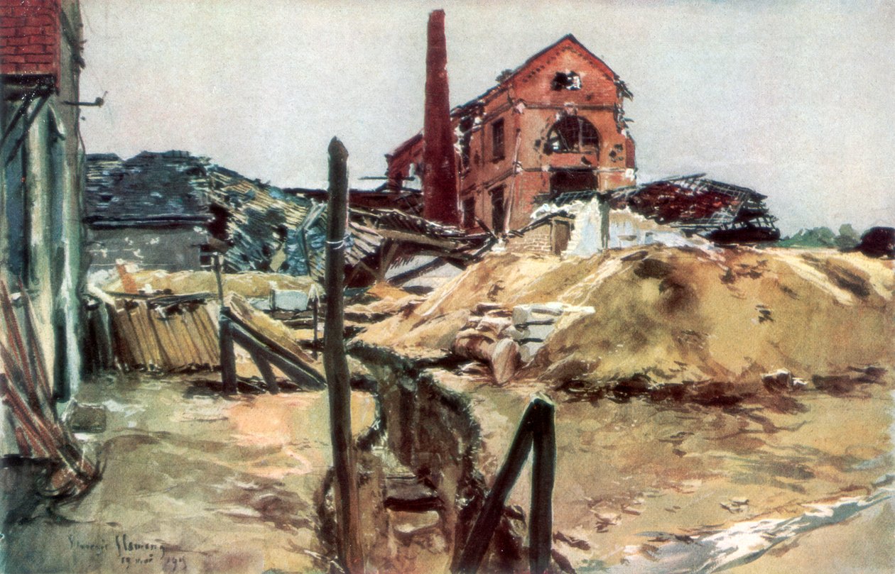 Edifícios da fábrica, Soissons, 19 de maio de 1915, 1926. de Francois Flameng