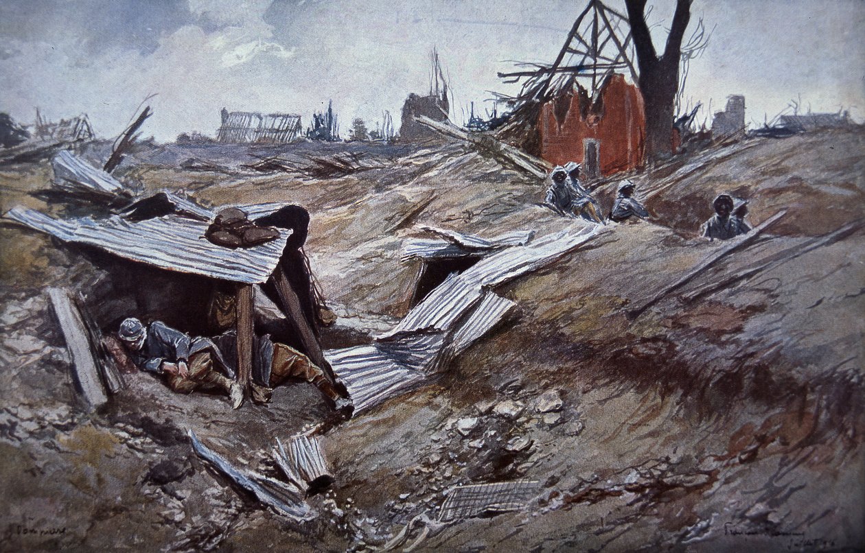 Primeira Batalha do Somme, Junho - Setembro de 1916: Tropas francesas na aldeia arruinada de Dompierre de Francois Flameng