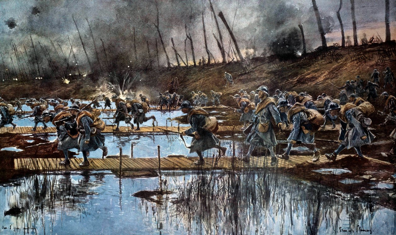 Primeira Guerra Mundial (1914-1918): "a passagem do Yser durante a ofensiva da Flandres em 1917" Pintura aquarelada de François Flameng (1856-1923) 1917, 30 x 50 cm. Paris, Musee de l