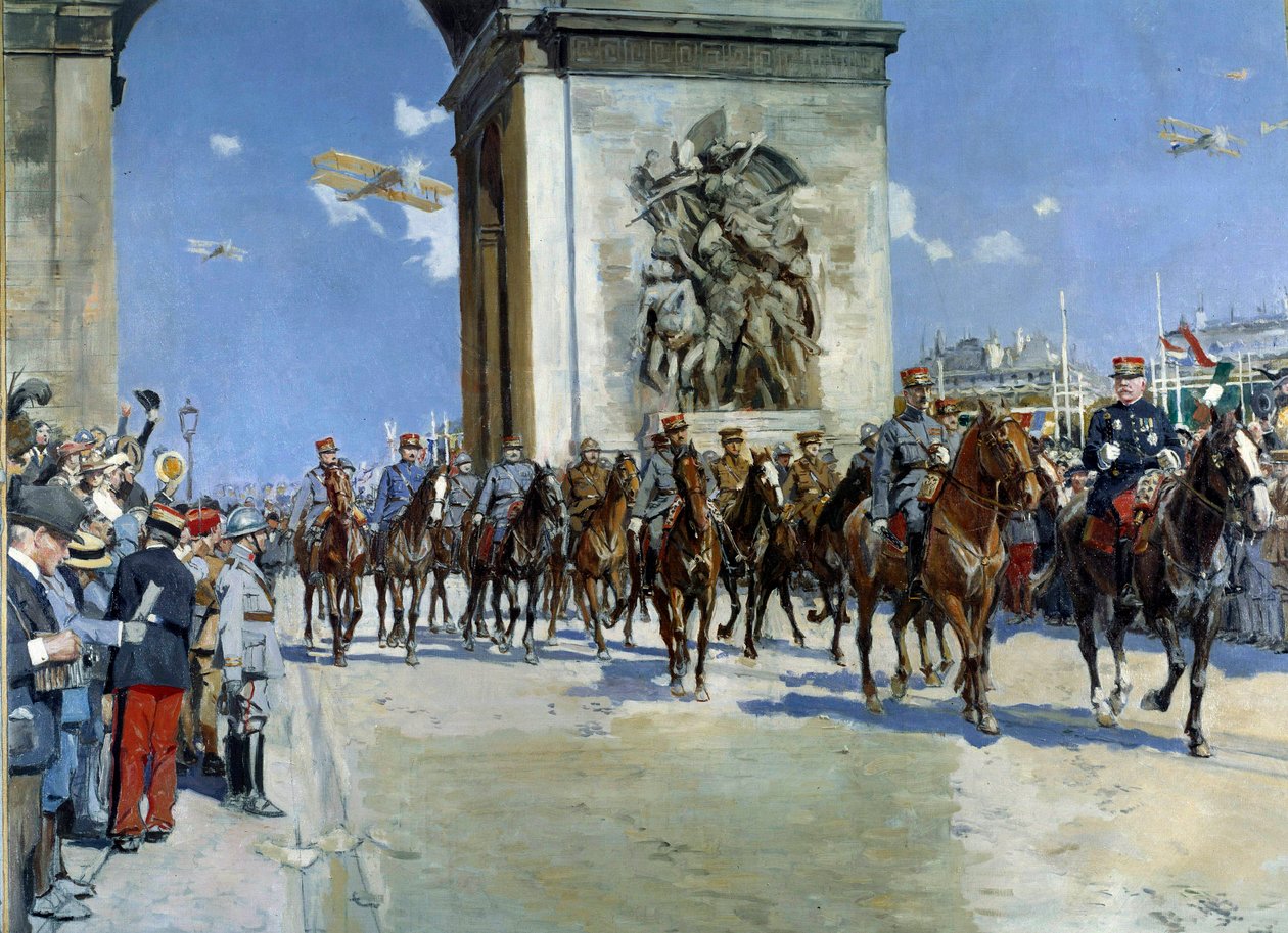 Primeira Guerra Mundial: "Destruição da vitória em 14/07/1919 sobre Champs Elysees em Paris" entre os militares, Marechal Ferdinand Foch (1851-1929) e Marechal Joseph Joffre (1852-1931). Pintura de François Flameng (1856-1919) 1919 Paris, Musee de l