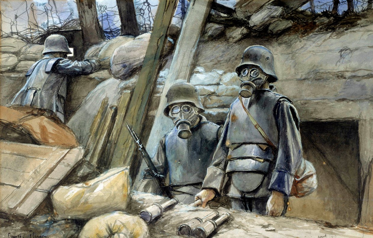 Primeira Guerra Mundial: "Soldados alemães com armadura de trincheiras e máscara de gás, agosto de 1917" Pintura aquarelada de François Flameng (1856-1923) Sol. 0,3x0,48 m Paris, Musee de l