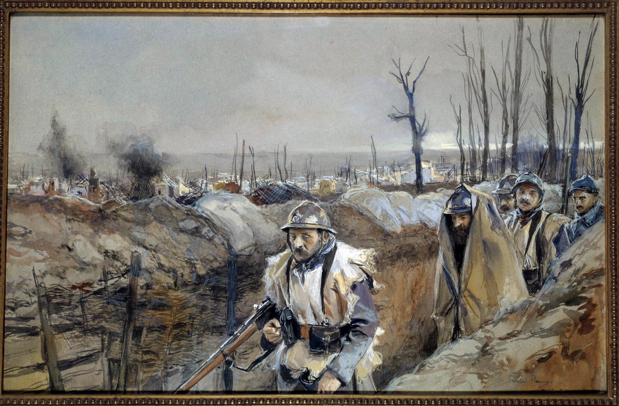 Primeira Guerra Mundial: "Vista de Souchez (em Artois), uma trincheira em 18/12/1915" Pintura aquarelada de François Flameng (1856-1923) Dezembro 1915 Sol. 0,3x0,48 m Paris, musee de l