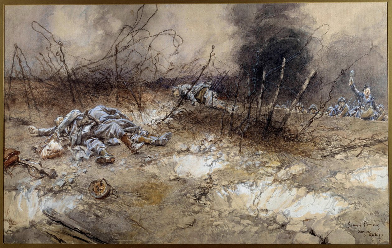 Primeira Guerra Mundial: cena da Batalha de La Craonne em 5/04/1917. Corpo de infantaria deitado entre as barbas. Pintura aquarelada de François Flameng (1856-1923) Sol. 0,3x0,56 m Paris, Musee de l