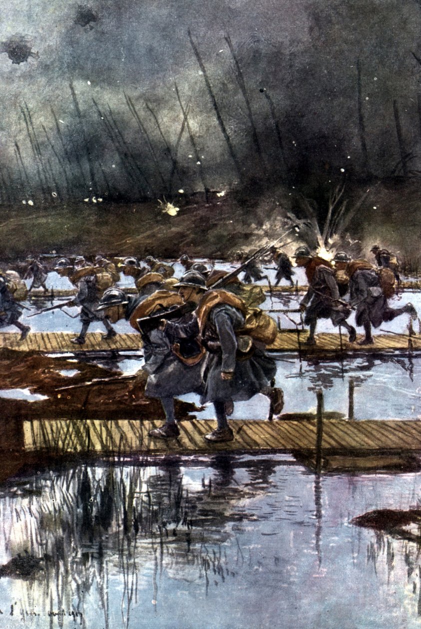 Travessia do Canal de Yser pelo 1º Corpo de Infantaria francês, 31 de julho de 1917, 4h45 da manhã Após pintura de François Flameng (1856-1923) Francês. de Francois Flameng