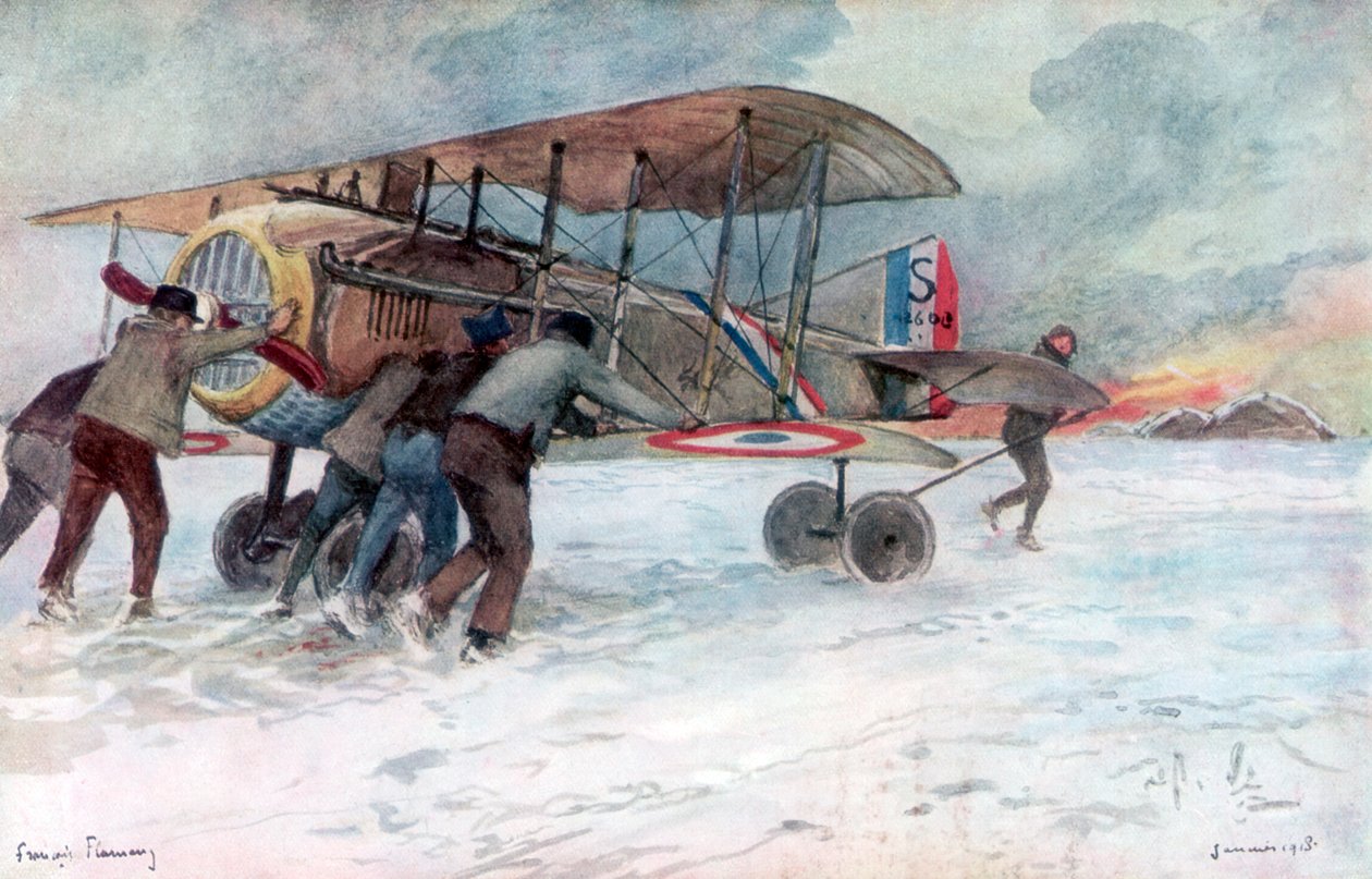 Equipe de terra que atende a um Spad francês em um campo coberto de neve, 1918, 1926. de Francois Flameng