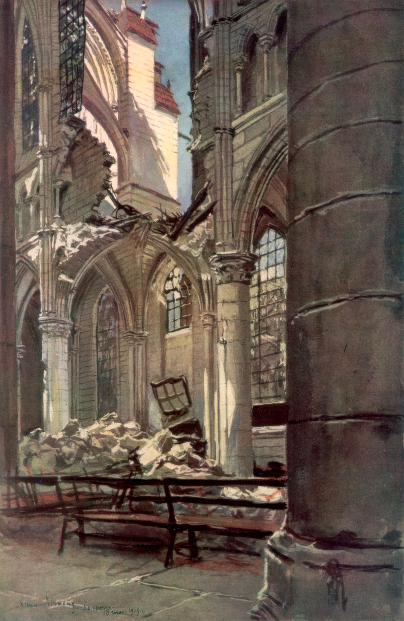 Interior das ruínas da abadia de Saint Jean des Vignes, Soissons, França, 18 de maio de 1915, 1926. de Francois Flameng
