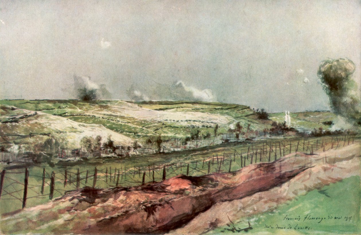 Notre Dame de Lorette e St Nazaire, Ablain, durante bombardeio, Artois, França, 1915, 1926. de Francois Flameng