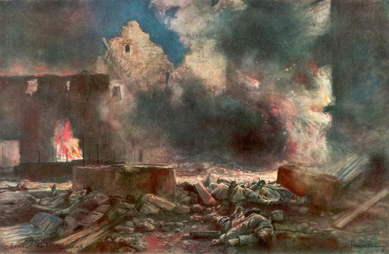A fazenda Lessard, entre Marizy e Neuilly Saint Front, França, 18 de julho de 1918, 1926. de Francois Flameng