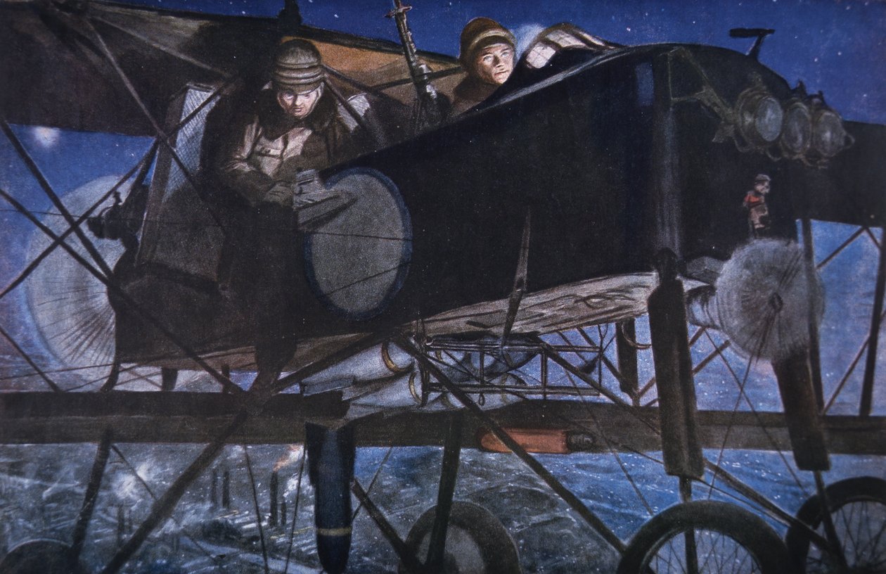 Com o Serviço Aéreo Francês, um Bombardeamento Nocturno por um Biplano Voisin de Francois Flameng