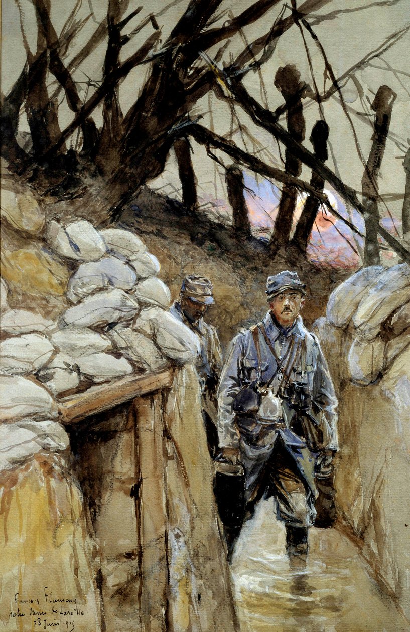 A Primeira Guerra Mundial: "Um soldado do corvee da sopa na trincheira Notre-Dame-de-Lorette 28/06/1915" Pintura aquarelada de François Flameng (1856-1923) Junho 1915 Sol. 0,3x0,48 m Paris, Musee de l