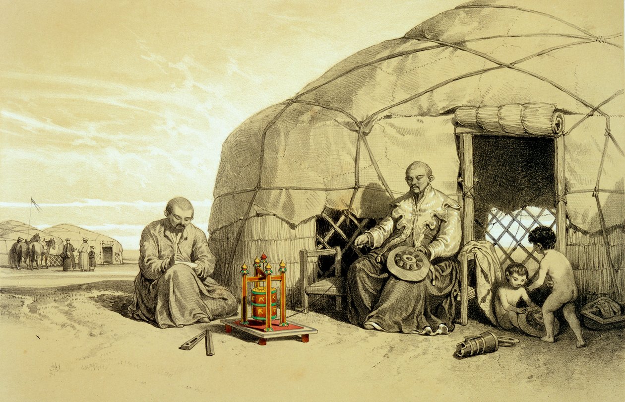 Kalmuks com uma Roda de Oração, Sibéria, ilustração de 