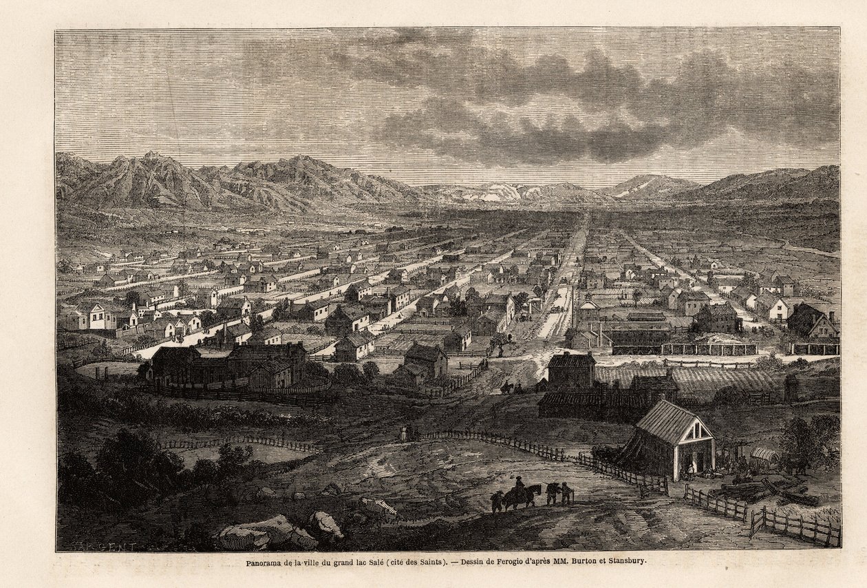 Panorama da cidade do grande lago sujo, citando os santos (Utah), desenho de Ferogio, para ilustrar a viagem de Richard Burton à cidade dos santos, capital da terra dos mórmons, em 1860. Gravura em "Le tour du monde", editado por Edouard Charto de Francois Fortune Antoine (after) Ferogio