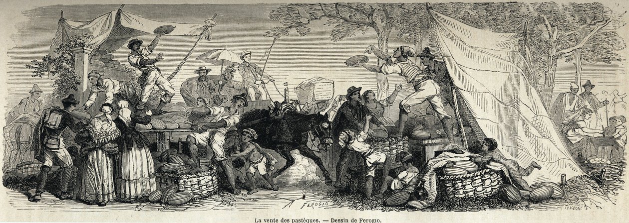 A venda de melancias, desenho de Ferogio, para ilustrar Nápoles e os napolitanos, em 1861, de Marc Monnier (1829-1885). Gravura em "Le tour du monde", de 1861. A coleção de Selva. de Francois Fortune Antoine (after) Ferogio