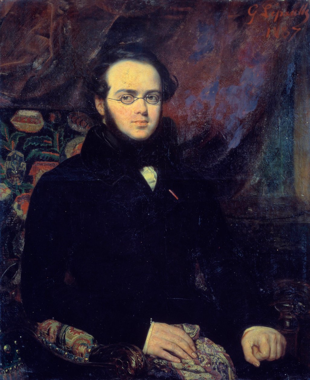 Retrato do compositor francês Jacques Fromental Levy dit Halevy (1799-1862) Ele posa com seus óculos. Pintura de François Gabriel Lepaulle (1804-1886) 1837 Paris, Biblioteca da Ópera - Retrato do compositor francês Jacques Fromental Levy chamado Hale de Francois Gabriel Guillaume Lepaulle