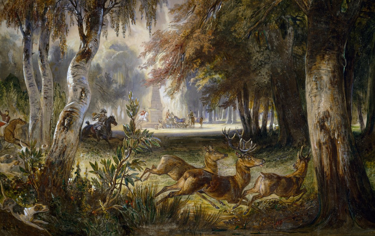 A caça do Príncipe de Wagram, A perseguição, pintura aquarelada de François Gabriel Guillaume Lepaulle (1804-1886). de Francois Gabriel Guillaume Lepaulle