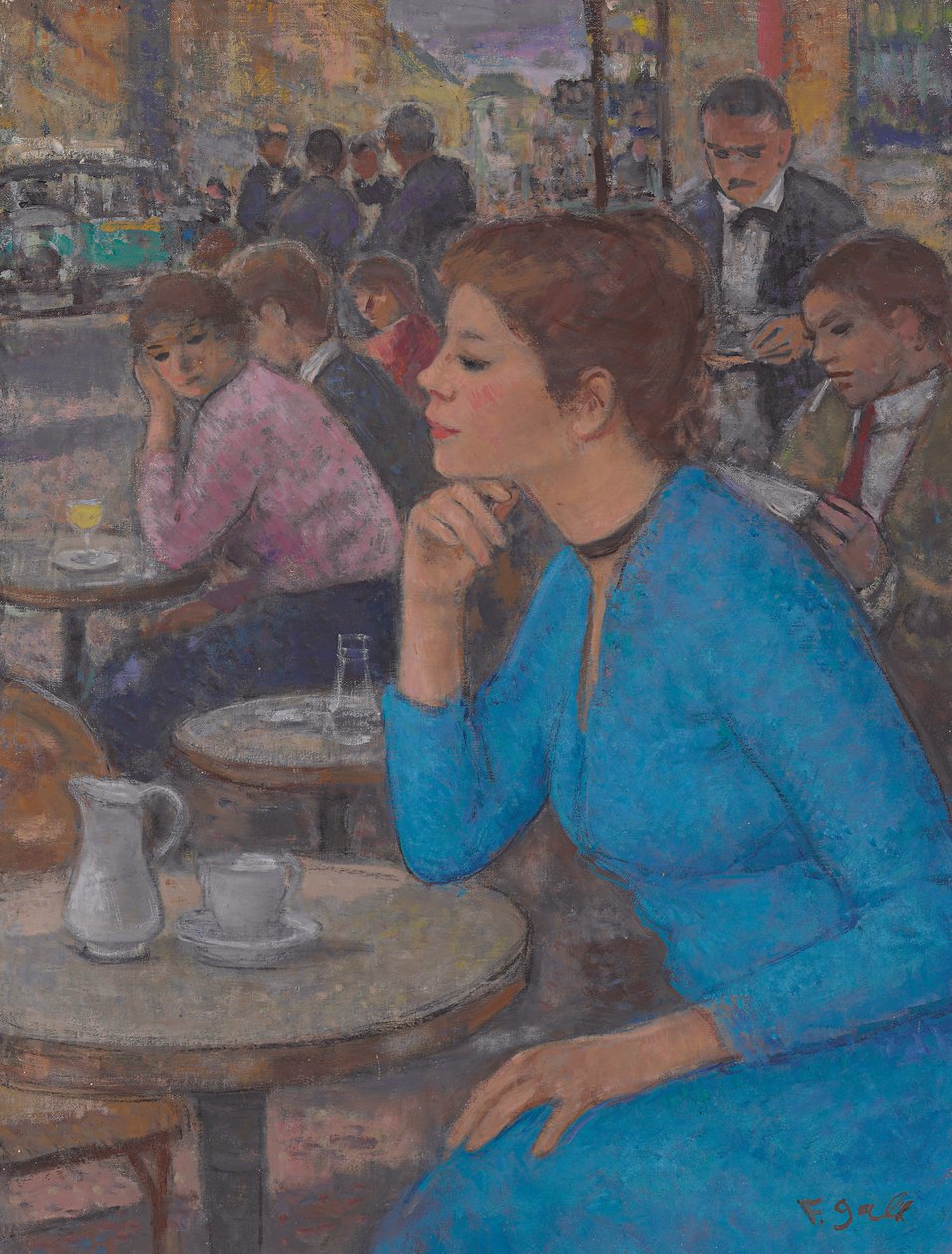 Eugenie em um vestido azul em &39;Deux Magots&39;, Paris, c.1980 (óleo sobre tela) de Francois Gall