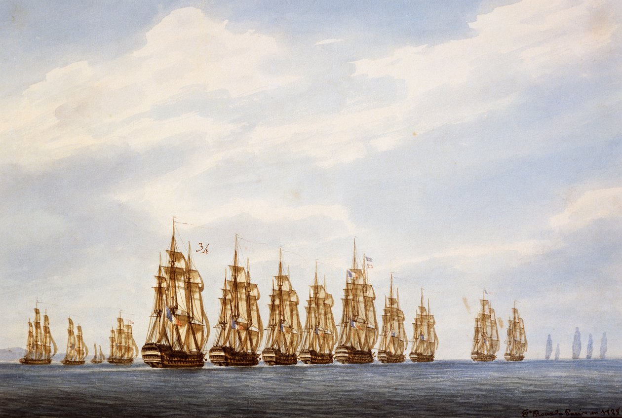 Partida da esquadra de nove navios, três fragatas e três corvetas, aguarela de François Roux (1811-1882), França de Francois Geoffroy Roux