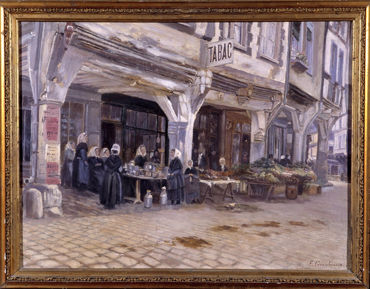 Mercado debaixo dos alpendres em Dinan - por F. Gombeaux, finais do século XIX de Francois Gombeaux