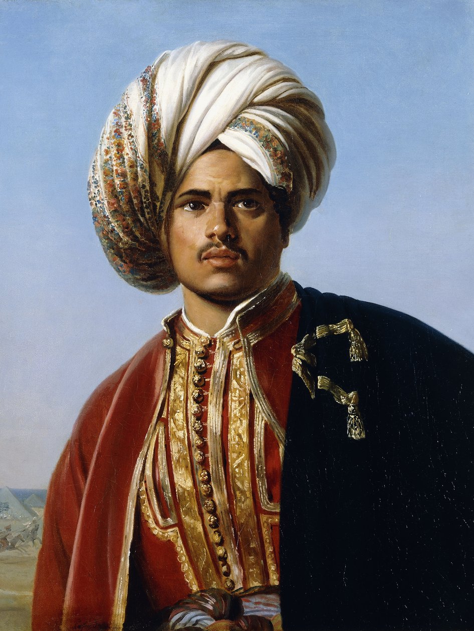 Retrato de um príncipe otomano, meio comprimento, em vermelho e dourado, de Francois Henri Alexandre La Fond