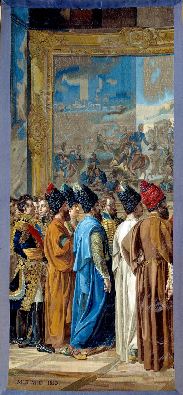 Napoleão I (1769-1821) recebido no castelo de Finkenstein na Polónia, Embaixador do Xá da Pérsia Georges Outrey, Vice-Cônsul de França em Bagdad, apresenta Mohammed Mirza Reza. Tapeçaria feita pelo atelier dos Gobelins por François Henri Mulard de Francois Henri Mulard