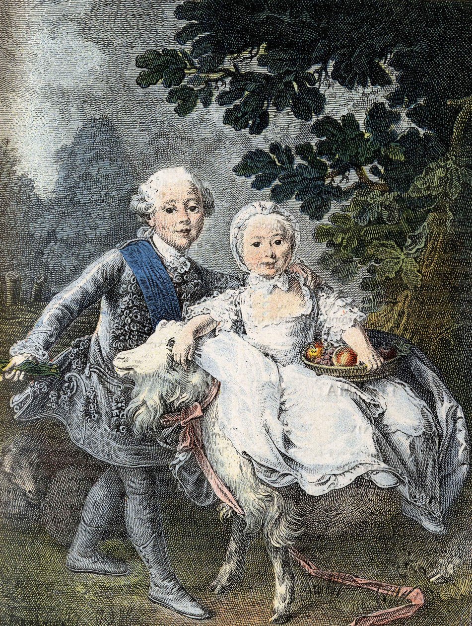 O Conde de Artois criança (futuro Rei Carlos X) (1757-1836) e sua irmã Marie Clotilde Xavière (futura Rainha da Sardenha) (1759-1802) - representada em 1764. Gravura do século XIX após a pintura de François Hubert Drouais. de Francois Hubert (manner of) Drouais