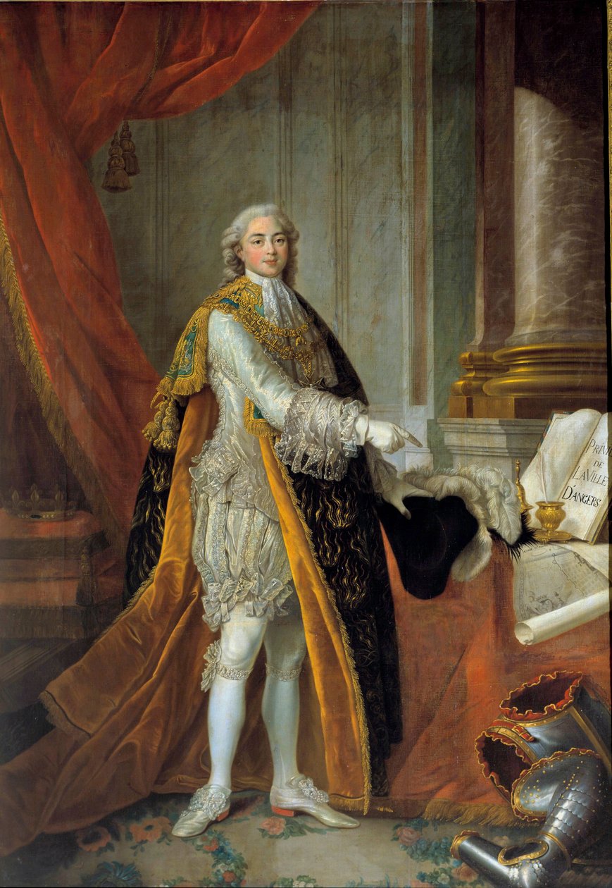 Retrato no pé de Luís Estanislau Xavier da França (futuro Luís XVIII), Conde de Provença (1755-1824) em grande vestido da Ordem do Espírito Santo (Ordem do Espírito Santo) e apresentando os Privilégios da Cidade de Angers"" Pintura de François de Francois Hubert Drouais