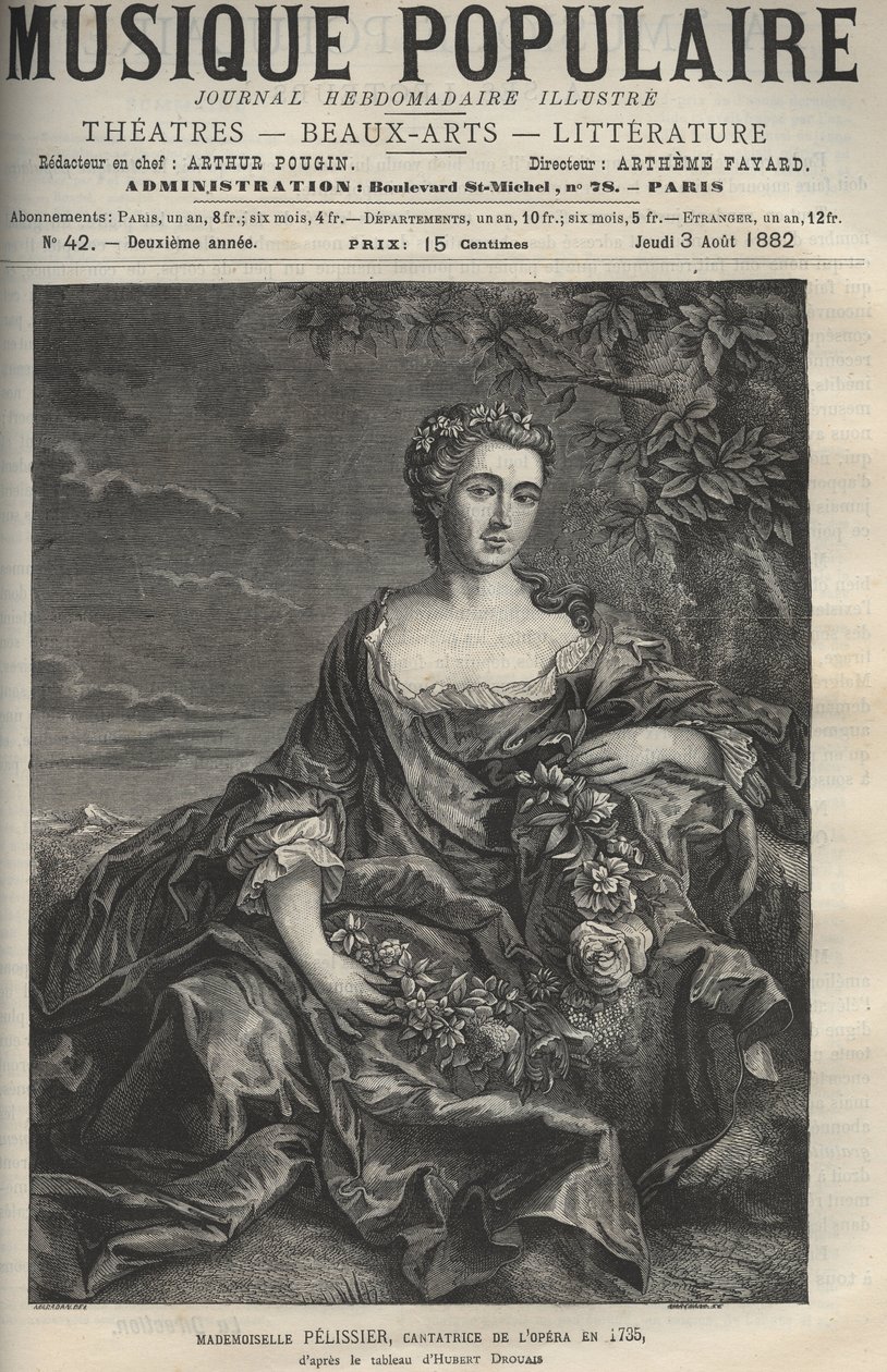 Retrato de Marie Pelissier (ou Pellissier) (1707-1749), cantora francesa de ópera - gravura após o quadro Hubert Drouais - gravura no jornal semanal ilustrado "La musique populaire" - 1882 de Francois Hubert Drouais