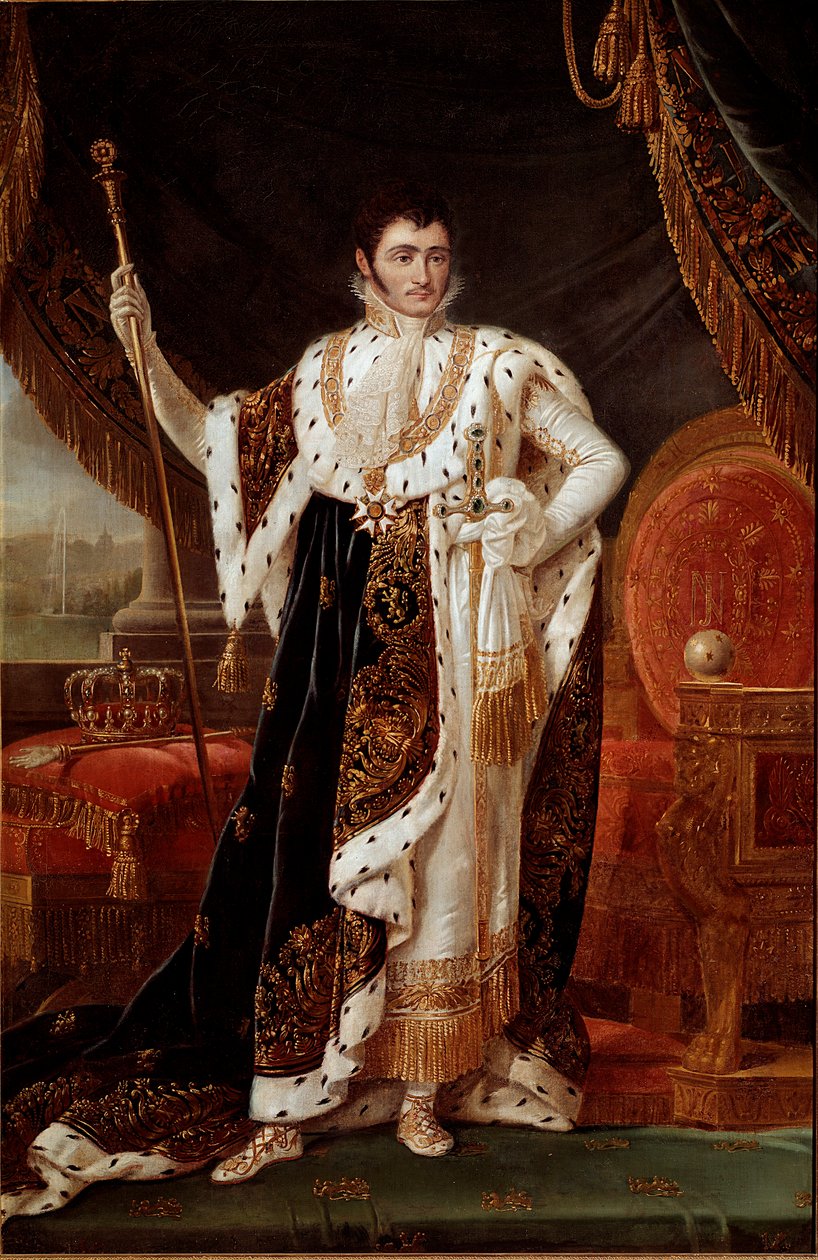 Retrato de Jerome Bonaparte (1784-1860), rei de Vestefália, em frente aos jardins de Wilhelmshohe Pintura de François Joseph (François-Joseph) Kinson (1770-1839) ou Kinsoen. Sol do século XIX. 2,1x1,4 m Versailles musee du chateau. de Francois Josephe Kinson
