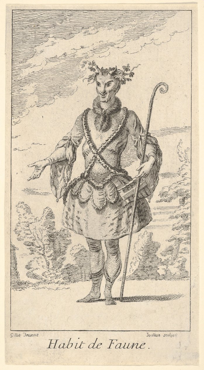 Hábito de Faune: um fauno, uma bengala na mão direita..., ca. 1721. de Francois Joullain