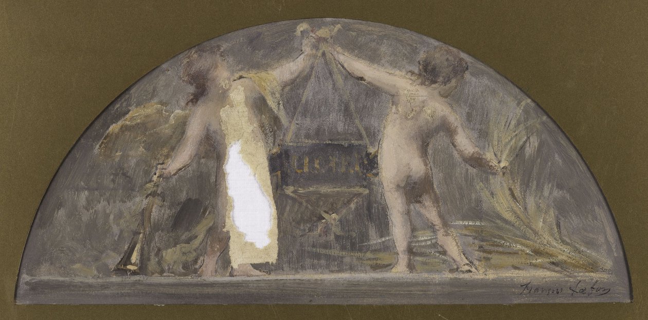 Esboço para a sala de jantar do Hôtel de Ville de Paris, uma criança segurando uma trombeta e a outra um molho levantando uma grande caixa de Francois Lafon