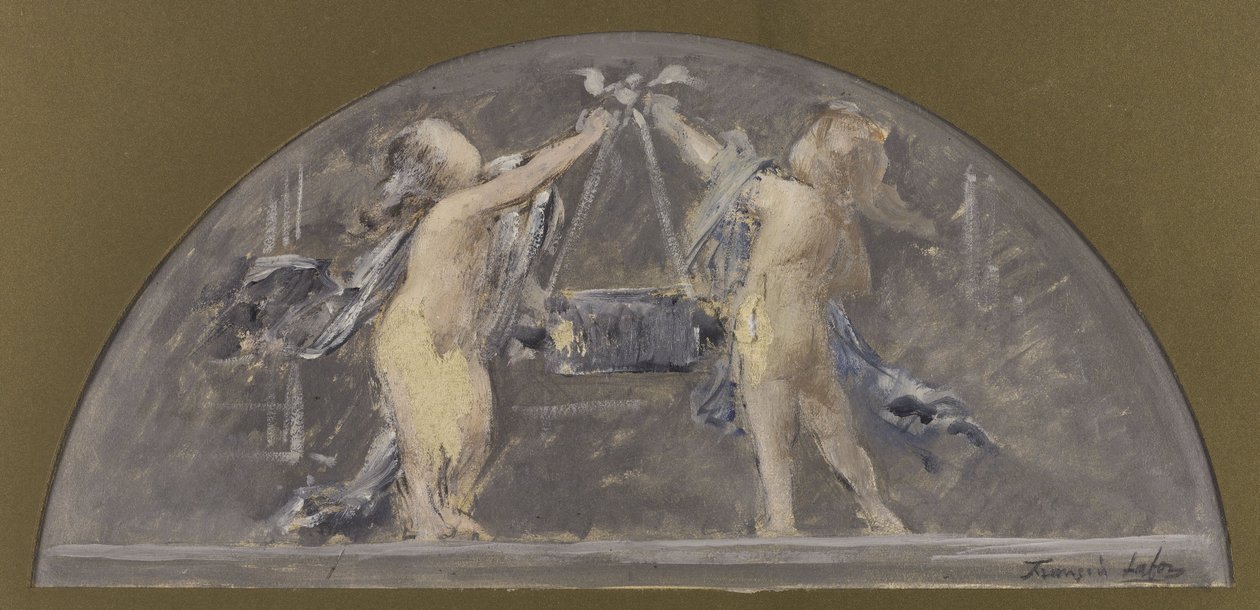 Esboço para a sala de jantar do Hôtel de Ville de Paris, duas crianças a levantar uma caixa grande de Francois Lafon