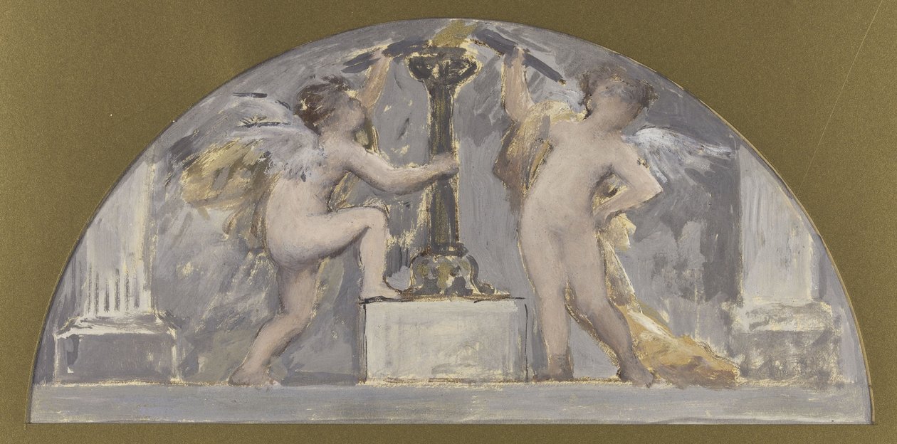 Esboço para a sala de jantar do Hôtel de Ville, dois amantes segurando cada um deles uma tocha perto de uma torchere iluminada, cerca de 1893 (óleo) de Francois Lafon