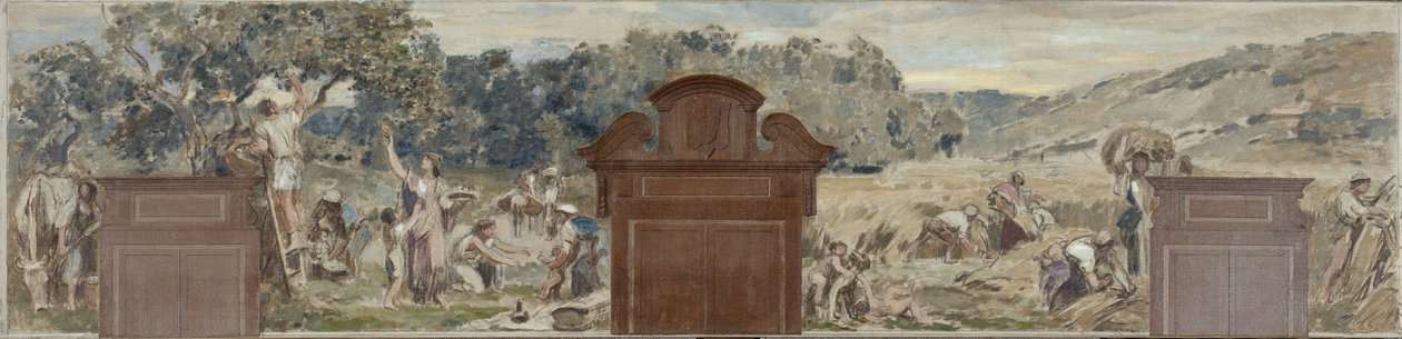 Esboço para o salão da aldeia de Pantin: La cueillette. La moisson, em 1886 (óleo sobre tela) de Francois Lafon