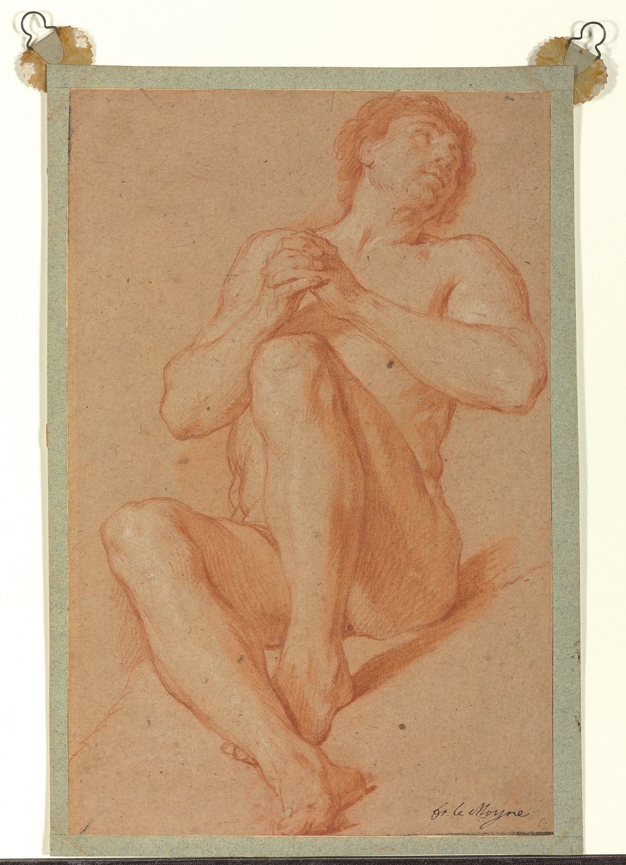 Um nu académico sentado com as mãos entrelaçadas, c.1723-24 (giz vermelho e branco sobre papel castanho claro) de François Lemoyne