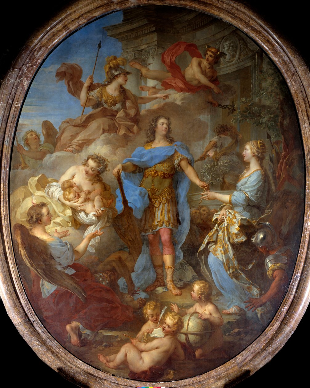 Rei Luís XV (1710-1774) dando a paz à Europa Alegoria na época do Tratado de Sevilha, a deusa Minerva está representada. Pintura de François le Moyne (1688-1737) 1729 Sol. 3,82x2,95 m . de François Lemoyne