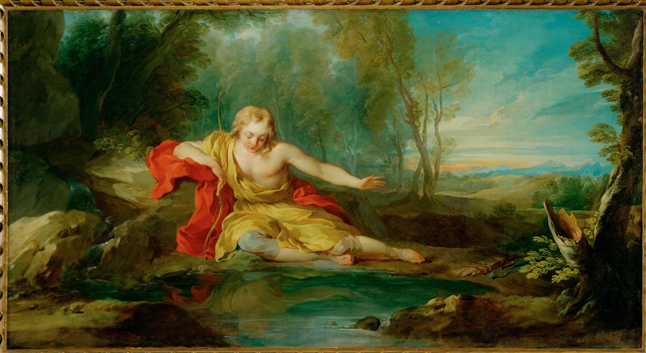 Narciso contemplando o seu reflexo na água - Narciso contempla a sua imagem reflectida na água ... de François Lemoyne