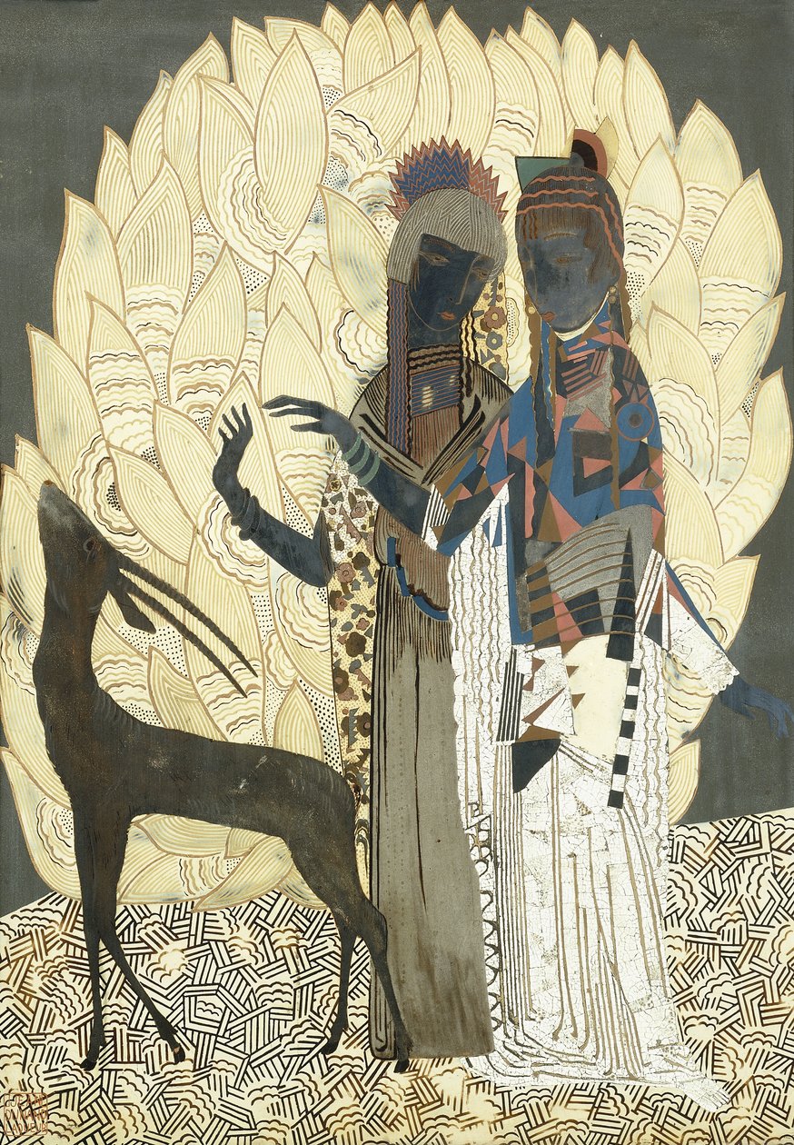 Duas mulheres estilizadas com um antílope entre folhas, c.1928 (painel de madeira laqueada e coquille d&39;oeuf) de Francois Louis (after) Schmied