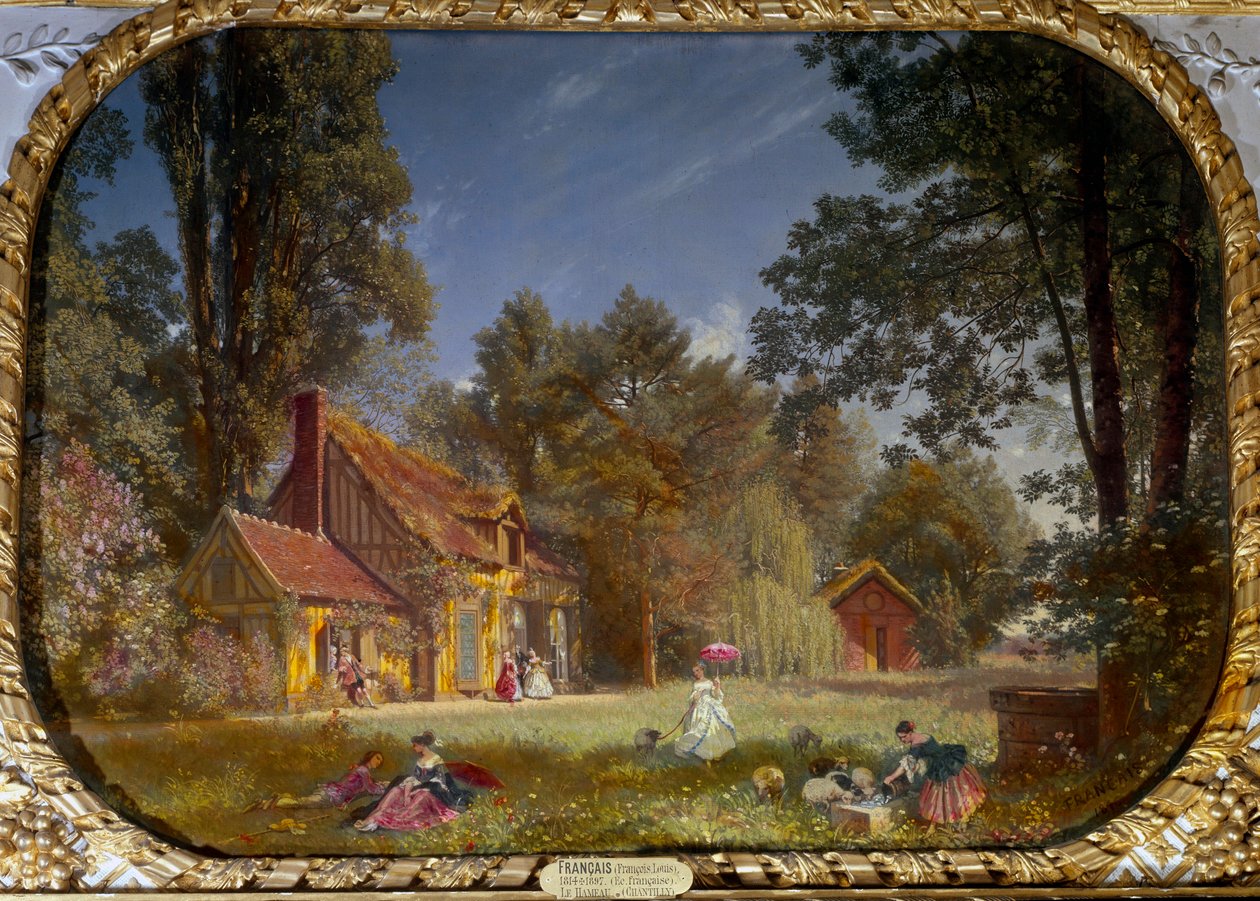 Vista da aldeia de Chantilly. Edifício construído pelo arquitecto Jean Francois Leroy para o Príncipe do Conde entre 1772 e 1774. Pintura de François Louis Francais (1814 - 1897) de Francois Louis Francais
