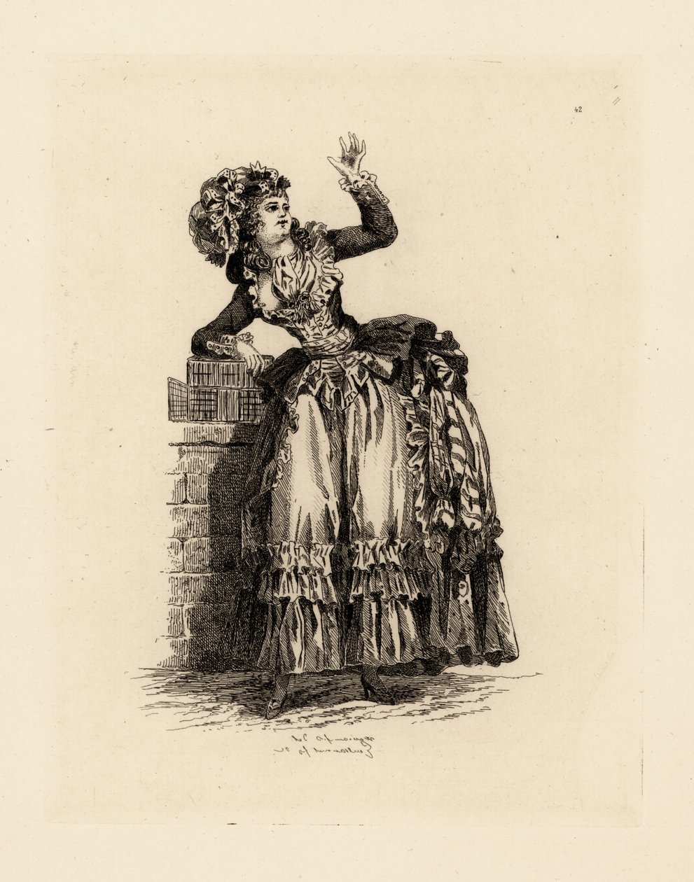 Mulher da moda em boné a la Nicolet, era de Maria Antonieta (gravura) de Francois Louis Joseph (after) Watteau