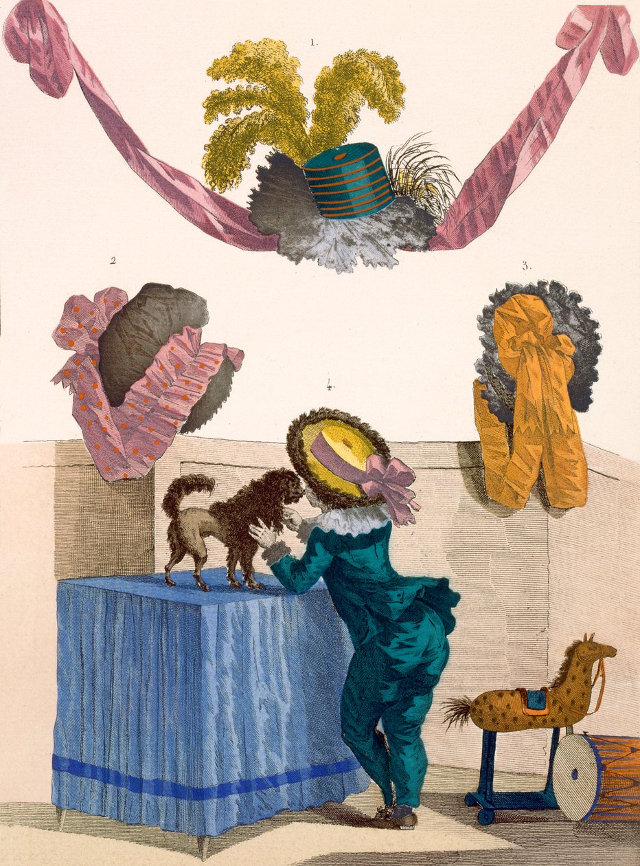 Desenhos para chapéus, gravados por Dupin, placa no.325 de &39;Galeries des Modes et Costumes Français&39;, 1780 de Francois Louis Joseph Watteau
