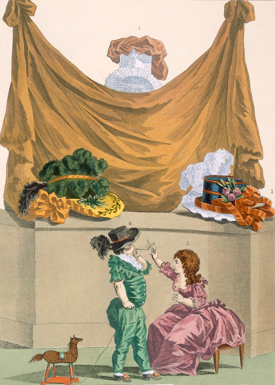 Chapéus e roupas de criança, gravados por Dupin, placa nº.321 de "Galeries des Modes et Costumes Français", 1780 de Francois Louis Joseph Watteau