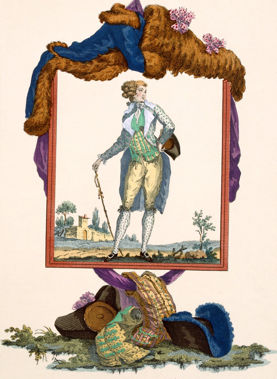 Jovem vestido com uma jaqueta de seda branca com colete pintado, gravada por Dupin, placa no.265 de &39;Galeries des Modes et Costumes Français&39;, c.1778-87 de Francois Louis Joseph Watteau