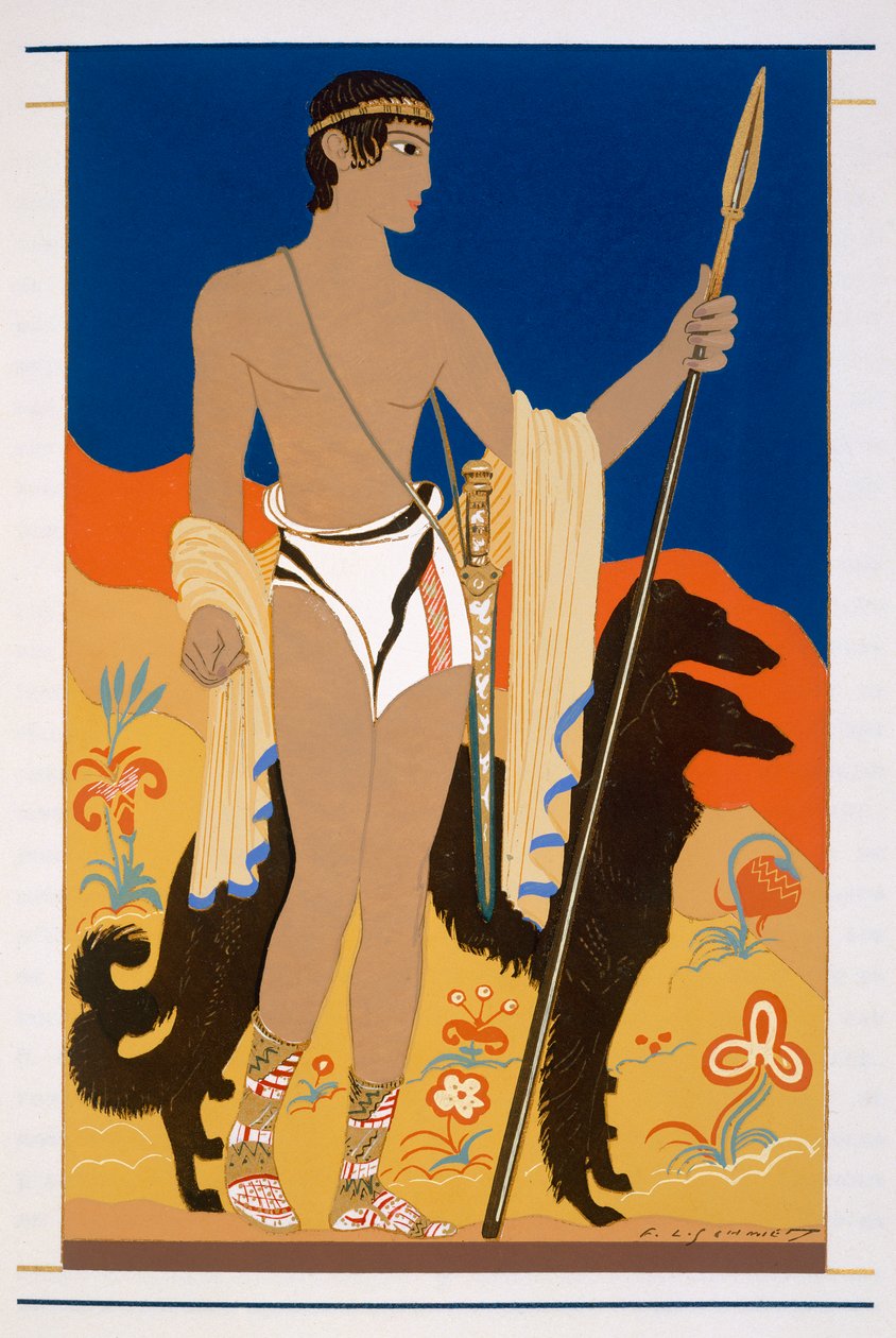Menino guerreiro com dois Borzoi Hounds, uma ilustração de &39;L&39;Odyssee&39;, por Homer, traduzido por Victor Berard, 1929-33 de Francois Louis Schmied