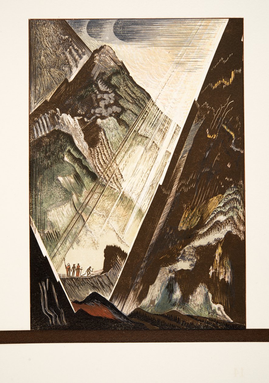 Prometheus sendo pregado na rocha por Hefesto, Kratos e Bia, de Prométhée Enchaîné por Ésquilo, pub. 1941 (impressão pochoir) de Francois Louis Schmied