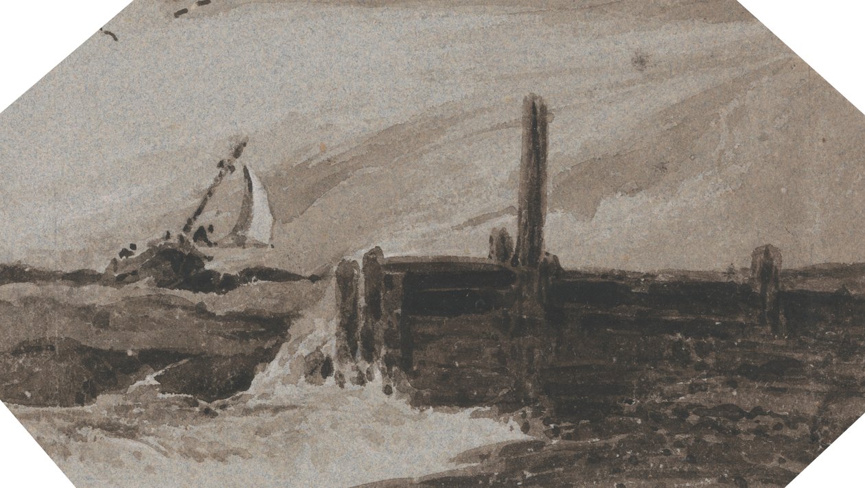 Perto de um porto num mar tempestuoso de Francois Louis Thomas Francia